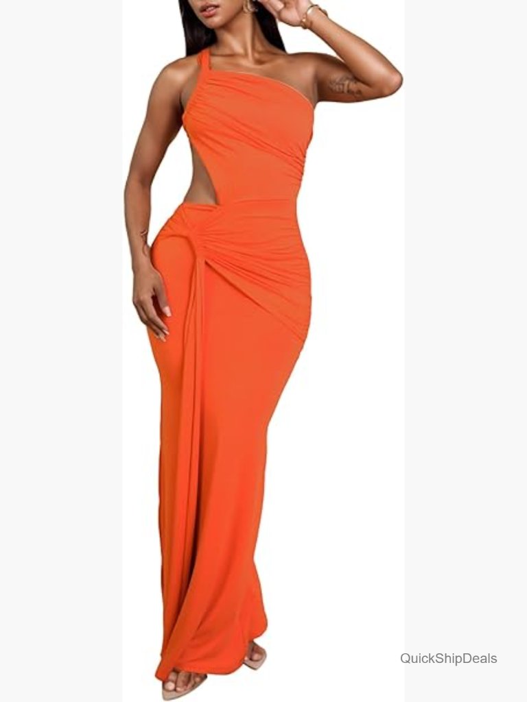 One Shoulder Bodycon Maxi Dress Sleeveless Cutout Ruched Backless Formal